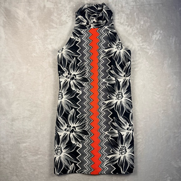 Milly Dresses & Skirts - Milly Black White Floral Shift Dress Orange Accent High Neck Size 2 Made USA